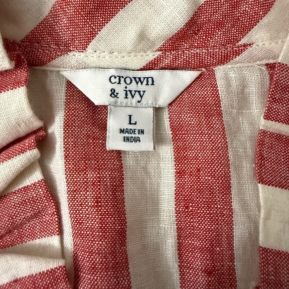 Crown & Ivy 100% Linen Ruffle Neck Sleeveless Blouse L NWT Red Stripe - Picture 3 of 6